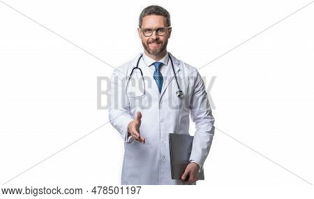 Photo Of Happy Emedicine And Doctor Man With Laptop. Doctor Promoting Emedicine