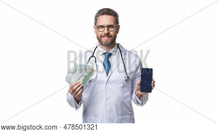 Photo Of Medical Man Show Telehealth On Screen With Money. Medical Man Show Telehealth