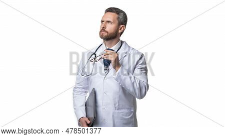 Photo Of Thoughtful Emedicine And Doctor Man With Laptop. Doctor Promoting Emedicine