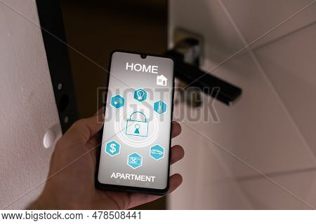 Smart House, Home Automation, Device With App Icons. Man Uses His Smartphone With Smarthome Security