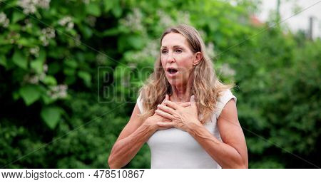 Woman Heimlich Maneuver. Illness Pain And Stress