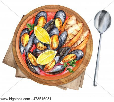 Traditional Italian Seafood Dish Mussels Soup Zuppa Di Cozze With Garlic Toast Baguette. Top View. H