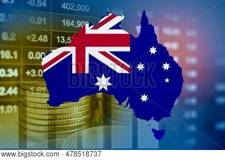 A;ustralia Flag With Stock Market Finance, Economy Trend Graph Digital Technology.