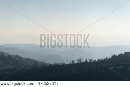Landscape Of Mountain Layers In Haze, View From Mountain Ljubic Near Prnjavor