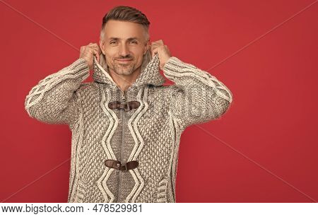 Grizzled Guy In Sweater On Red Background. Hoary Man Portrait. Male Fashion Model.