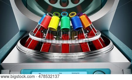 Blood Centrifuge Machine With Test Tubes Full Of Blood Samples. 3d Illustration.
