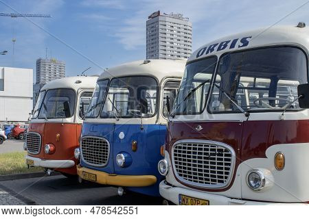 Warsaw, Poland, 16 June 2023: A Row Of Iconic Jelcz Buses, Which Were Highly Popular In Poland Durin
