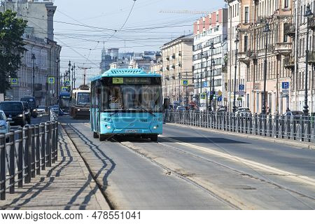Saint Petersburg, Russia - June 27, 2023: Urban Public Transport Moves Along The Dedicated Lane Of L