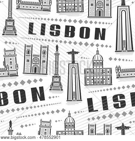 Vector Lisbon Seamless Pattern, Repeating Background With Illustration Of Famous European Lisbon Cit