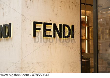Fendi Store In Vienna, Luminous Sign With Fendi Text. June 7, 2023, Austria, Vienna.