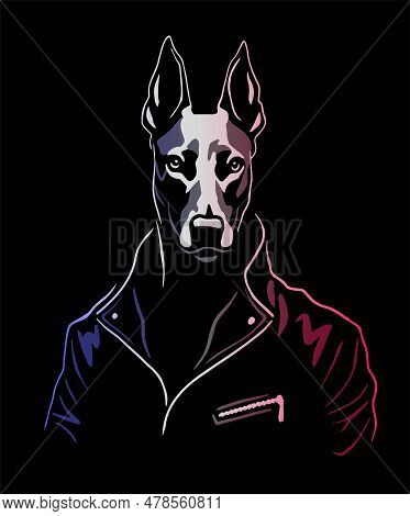 Doberman In A Leather Jacket On A Dark Background. Vector Illustration.