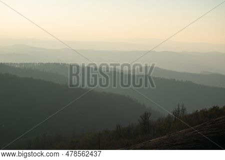 Landscape Of Mountain Layers In Haze, Fading In Distance, View From Mountain Ljubic Near Prnjavor