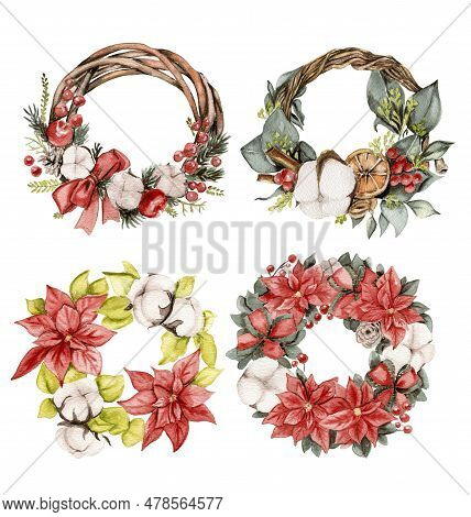 Christmas Wreath With Fir Branches And Red Flowers. Watercolor Hand Drawn Illustration For Invitatio