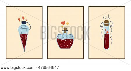 Magic Potion Set. Love Or Poison Drink. Glass Flask With Colorful Liquid. Romance Hearts. Fantasy Ma