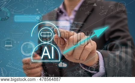 Businessman Holding Hologram Digital Chatbot, Chat Gpt, Robot Application, Conversation Assistant, A