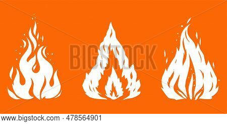 Fire. Hand Drawn White Silhouette. Flame, Torch Or Campfire. Doodle Sketch Style Drawing. Flammable 