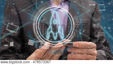 Man On Blurred Background Using Startup Digital Neon Interface 3d Rendering