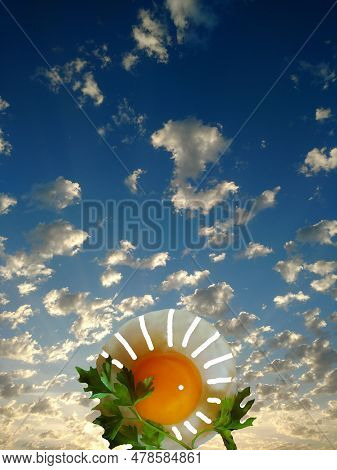 Fried Chicken Egg With Greens In The Form Of The Sun Against The Background Of The Morning Sky With 
