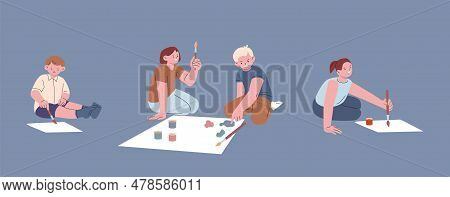 Cartoon Little Children Drawing. Kids With Brushes, Paints And Paper Sheet. Games Or Education, Rest