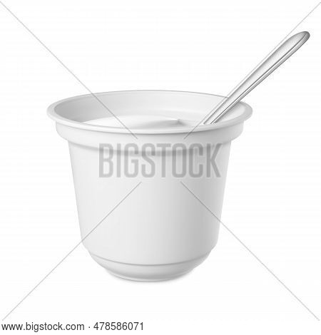 Fresh Yogurt In White Realistic Plastic Container With Metal Spoon. 3d Packaging Mockup, Open Sour C