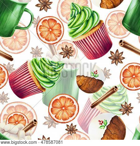 Watercolor Christmas Seamless Pattern With Cup Of Hot Drink, Gingerbread Cookie, Cinnamon, Anise And