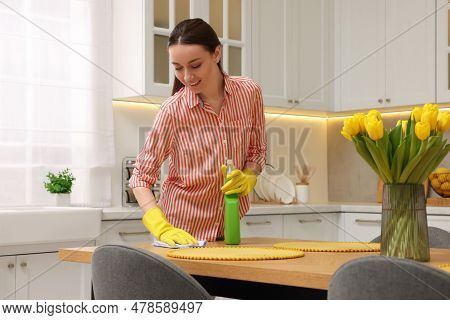 Spring Cleaning. Young Woman Tidying Up Kitchen At Home