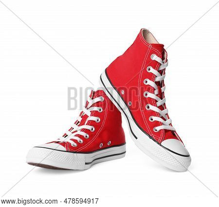 Pair Of New Red Stylish High Top Plimsolls On White Background