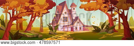 House In Autumn Forest Outdoor Vector Landscape Background. Game Adventure Environment Scene With Or