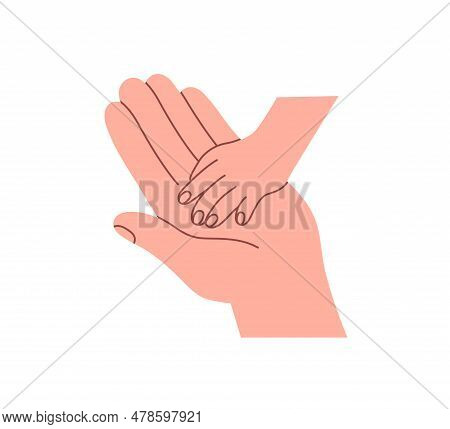 Child Giving Little Small Hand To Big Palm Of Adult Parent. Care, Support, Help, Trust And Love Conc