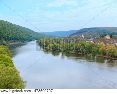 Top Picturesque View Of The Dnister River And Village. Spring, Ustechko, Ternopil Region, Ukraine, E