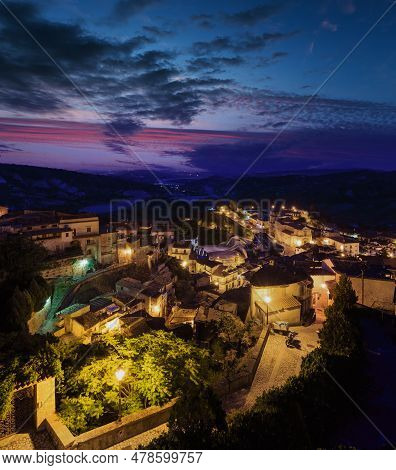Night Old Medieval Stilo Famos Calabria Village View, Southern Italy.