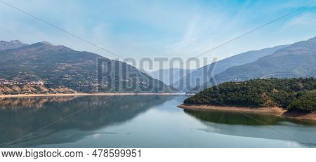 Debar Lake Summer Countryside Landscape With Mountains Background. North Macedonia Not Far From Deba