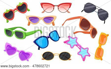 Different Sunglasses. Cartoon Sun Spectacles, Colorful Glasses Lens Summer Beach Eye Glass Accessori