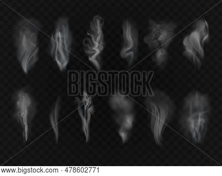 Realistic Smoke Steam. Natural Vapour From Coffee Tea Or Hot Food, 3d Smoky Curls Effect And Hookah 