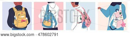 Students Rear View. Backside Teen Student With Backpack Behind Back Teenager Tourist Backpacker Trip