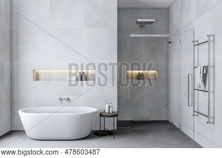 Front View Of Modern Bathroom Interior Design With Tiles Grey Walls And Floor And Window Light. 3d R