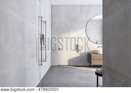 Entrance View Of Modern Bathroom Interior Design With Tiles Grey Walls And Floor And Mirror. 3d Rend