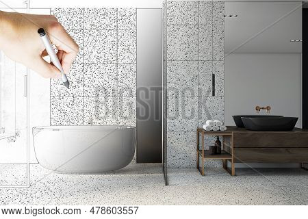 Interior Design Concept With Hand Drawing Modern Bathroom Project
