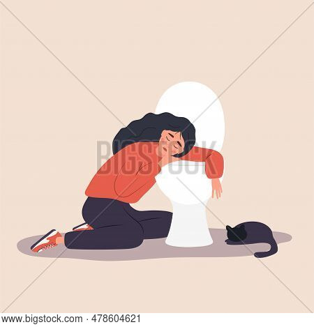 Eating Disorder. Unhealthy Woman Sitting On Floor Leaning On Toilet And Feeling Nausea From Food. Bu