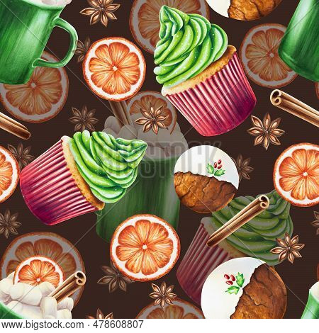 Watercolor Christmas Seamless Pattern With Cup Of Hot Drink, Gingerbread Cookie, Cinnamon, Anise And
