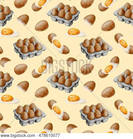 Watercolor Eggs Seamless Pattern. Hand Drawn Brown Egg, Yolk And Glair, Eggshell And Egg Packaging B
