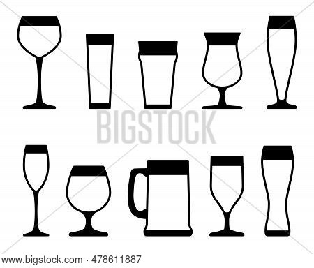 Beer Glasses And Mugs Icons Set. Alcoholic Beverage Menu Collection Set. Labeled Visualization With 