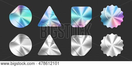 Hologram Stickers, Silver Quality Labels And Foil Tags With Vector Iridescent Gradient. Holographic 
