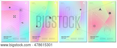 Trendy Abstract Brutalism Poster Set With Minimalistic Geometric Shapes On Gradient Background. Mode