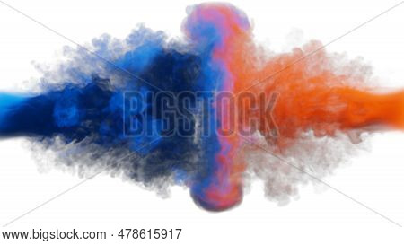 Puffs Of Blue And Red Smoke Collide Against A White Background. 3d Illustration.