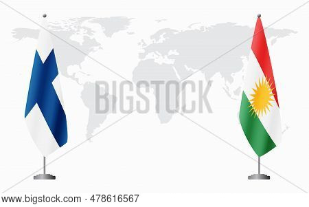 Finland And Kurdistan Flags For Official Meeting Against Background Of World Map.