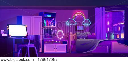 Teen Girls Bedroom At Night. Vector Cartoon Illustration Of Tidy Room With Bed, Desktop Computer Wit