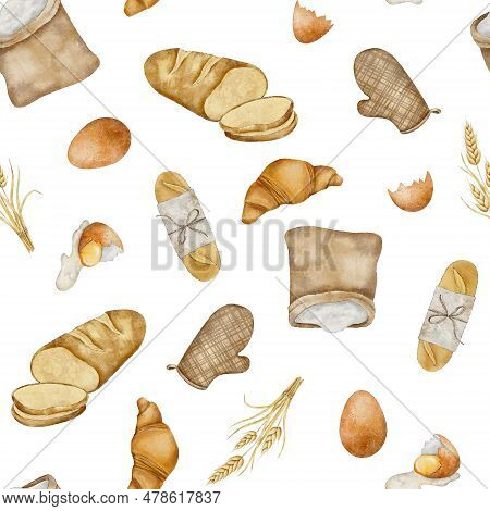 Seamless Pattern With Flour Sack, Potholder, Baguette, Bunch Of Spikelets Of Wheat, Rye, Grains, The