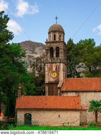 View Of Ancient Orthodox Church Of St Peter And Paul. Religious Architecture Montenegro Risan Town.