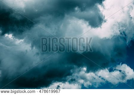 Storm Clouds. Dark Blue Cloudy Rainy Sky With Rain Heavy Clouds. Storm, Thunder, Thunderstorm. Sky N